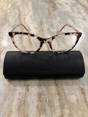 Prada Tortoiseshell Cat Eye Glasses in Pink and Brown with branded case